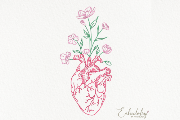 Realistic Human Heart with Flowers: A Stitch Test